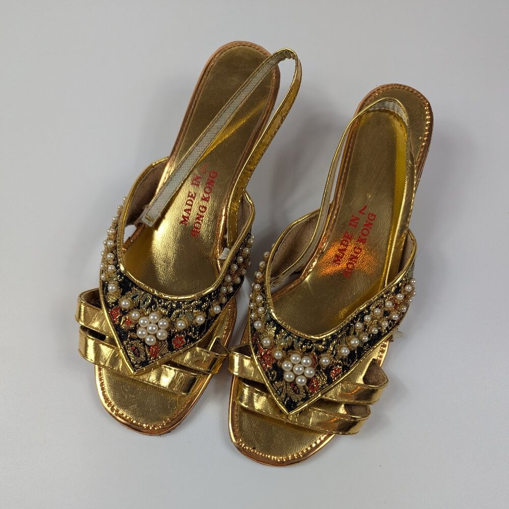 Vintage Made in Hong Kong Embroidered Beaded Pearl Wedge Heel Slipper Shoes